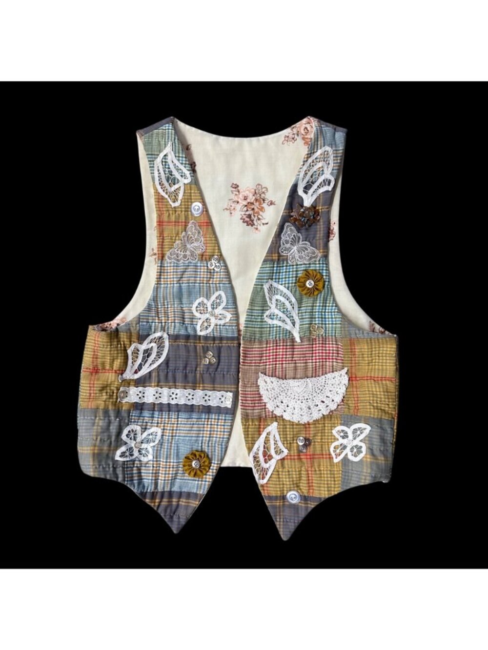 Vintage Vest Open Front Handmade Plaid Patchwork Style Cottage Granny Brooch 90s - Picture 2 of 9